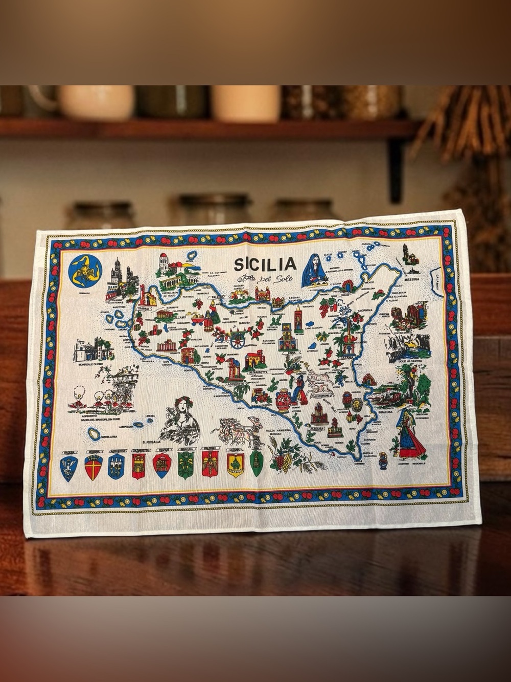 Sicilia Cotton Tea Towel Souvenir Wall Hanging Map Landmark Tapestry Italy